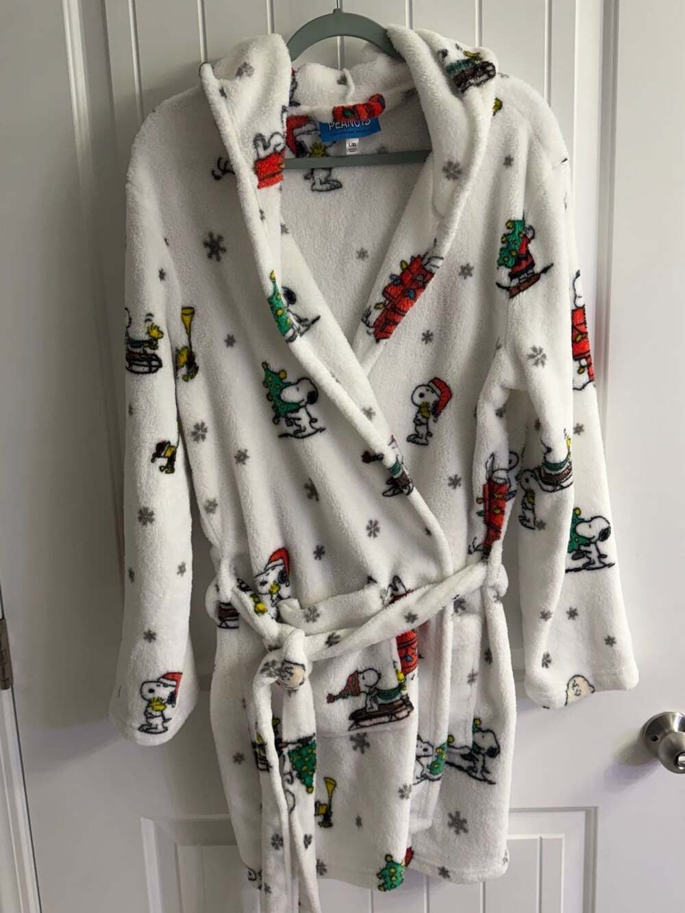 Peanuts Snoopy Christmas Hooded Bath Robe Size L/XL White Fleece